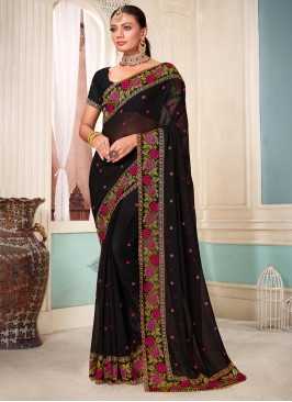 Perfect Embroidered Georgette Black Contemporary Saree