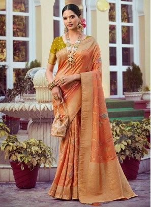 Perfect Woven Orange Silk Designer Saree