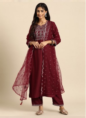 Perfervid Embroidered Rayon Burgundy Readymade Suit