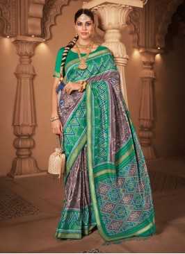 Perfervid Green and Grey Silk Saree