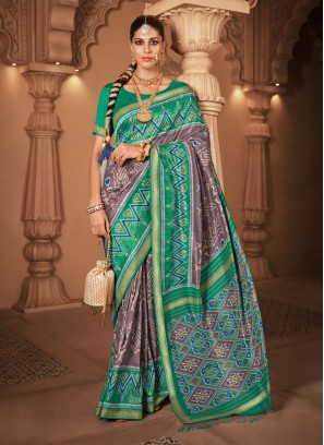 Perfervid Green and Grey Silk Saree