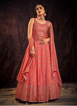 Perfervid Sequins Georgette Orange Designer Gown