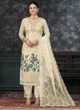 Phenomenal Cream Handwork Organza Salwar Suit