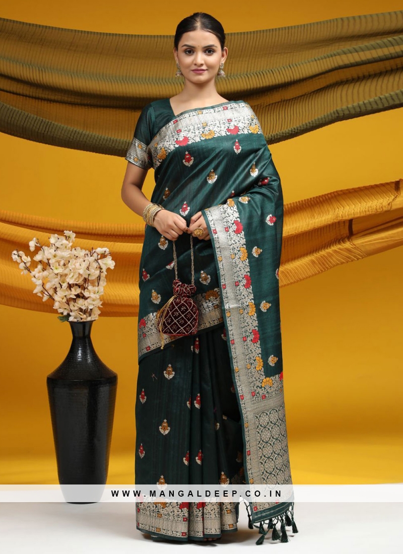 Phenomenal Meena Tussar Silk Green Contemporary Style Saree