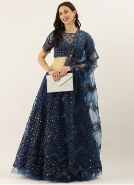 Phenomenal Net Navy Blue Embroidered A Line Lehenga Choli