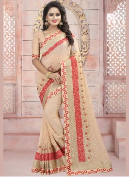 Picturesque Beige Resham Faux Georgette Classic Saree