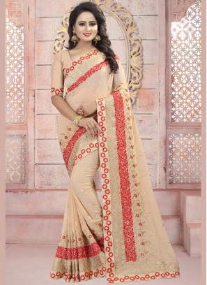 Picturesque Beige Resham Faux Georgette Classic Saree