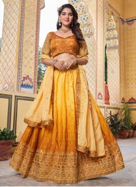 Picturesque Chinon Mustard Fancy A Line Lehenga Choli