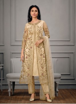 Picturesque Cream Net Straight Salwar Suit