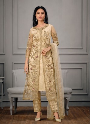 Picturesque Cream Net Straight Salwar Suit