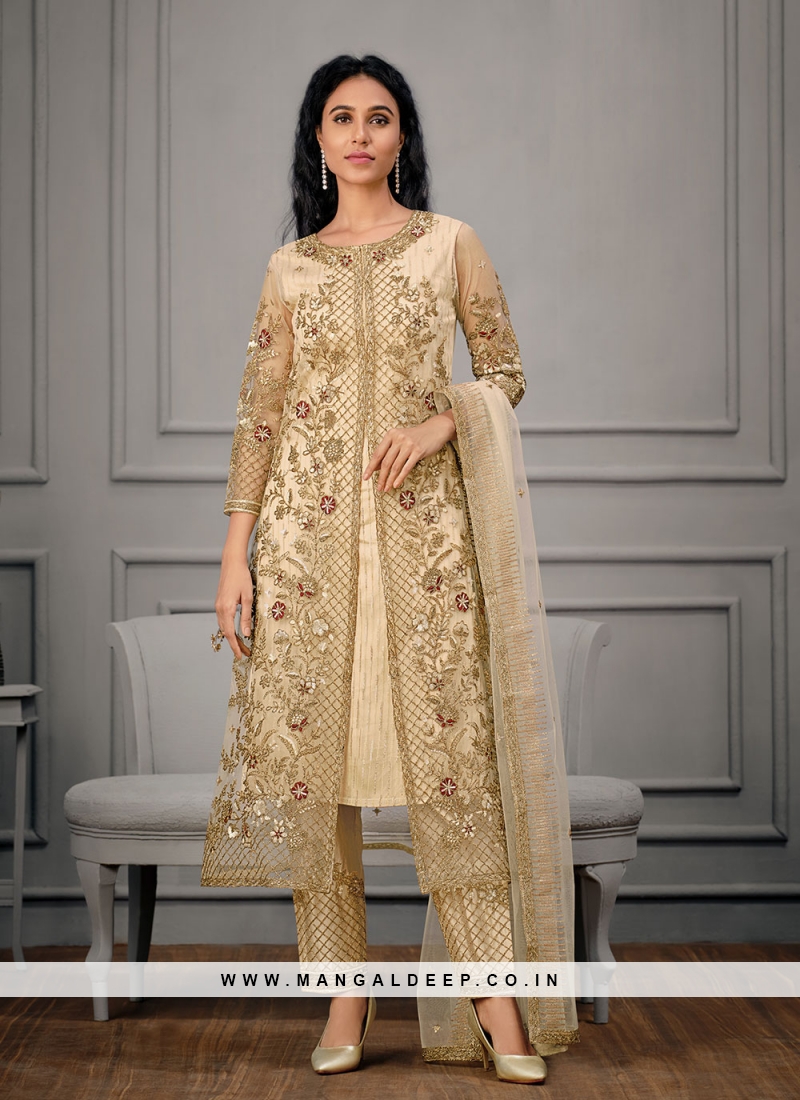Picturesque Cream Net Straight Salwar Suit