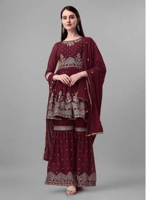 Picturesque Designer Faux Georgette Brown Palazzo Salwar Kameez