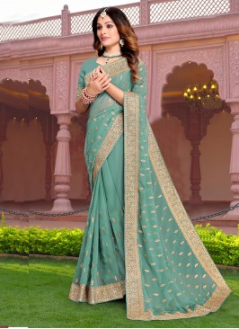 Picturesque Embroidered Georgette Aqua Blue Classi