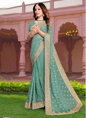 Picturesque Embroidered Georgette Aqua Blue Classic Saree