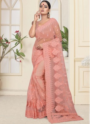 Picturesque Embroidered Peach Net Trendy Saree