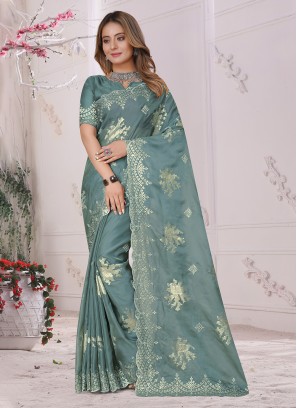Picturesque Embroidered Sea Green Organza Traditional Saree