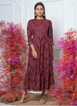 Picturesque Floral Print Maroon Casual Kurti