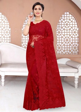 Picturesque Red Resham Net Designer Traditional Saree