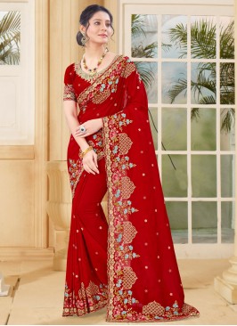 Picturesque Vichitra Silk Red Embroidered Designer Traditional Saree