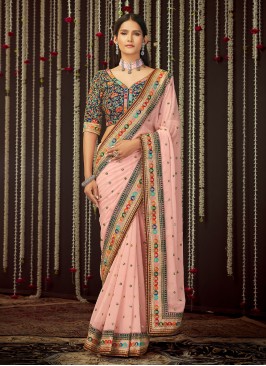 Picturesque Zari Georgette Pink Contemporary Saree