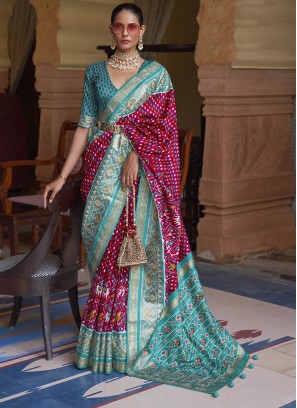 Pink And Blue Color Patola Silk Saree