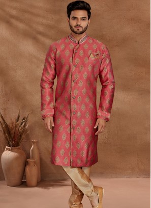 Pink and Chikoo Set with Jaqard Top and Art Silk Trousers Semi Sherwani.