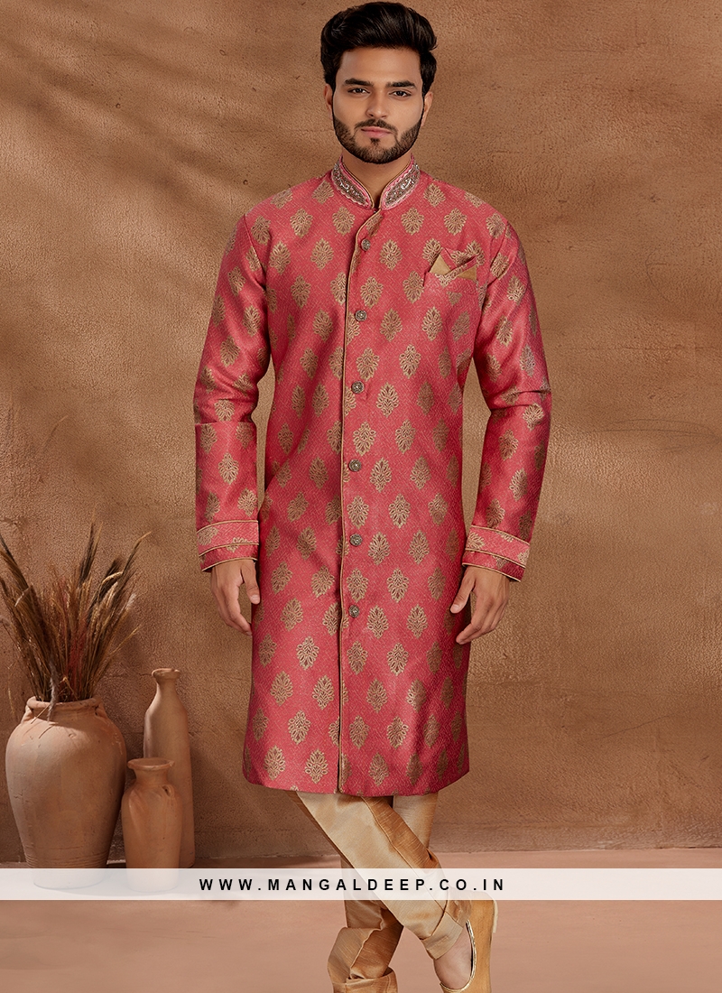 Pink and Chikoo Set with Jaqard Top and Art Silk Trousers Semi Sherwani.