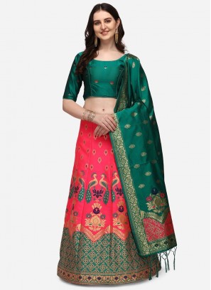 Pink And Green Color Art Silk Festive Wear Lehenga