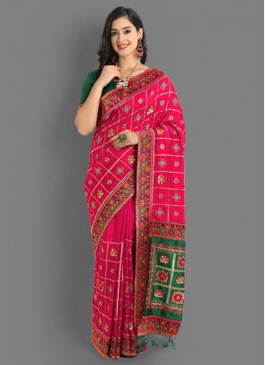 Pink And Green Color Panetar Saree For Wedding