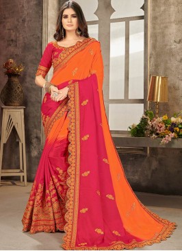 Pink And Orange Color Chiffon Embroidered Saree