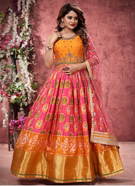 Pink And Orange Color Silk Patola Style Suit