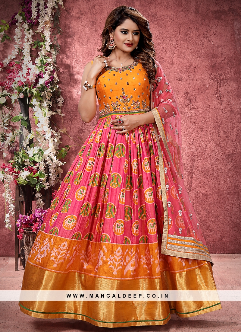 Designer Orange Color Chanderi Dress Material