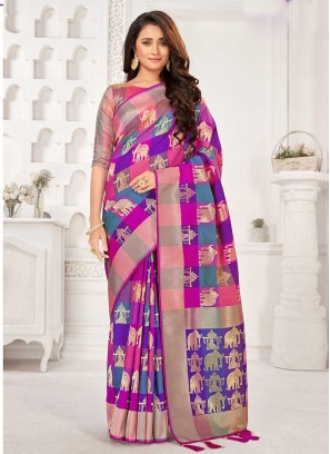 Pink And Purple Color Banarasi Silk Saree