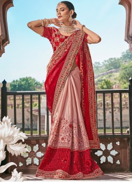 Pink and Red Embroidered Fancy Fabric Half N Half 