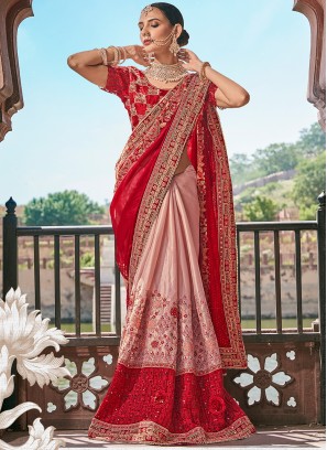 Pink and Red Embroidered Fancy Fabric Half N Half  Saree
