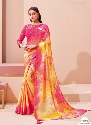 Pink And Yellow Color Sequins Work Saree