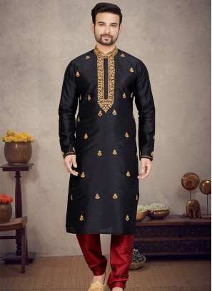 Black Art silk Kurta with Marron Churidar Bottoms.