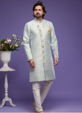 Sky Blue Banarasi Jacquard Indo Western Ensemble