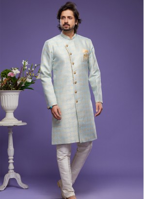 Sky Blue Banarasi Jacquard Indo Western Ensemble