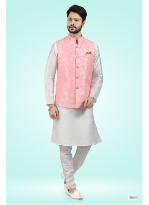 Pink Banarasi Silk Kurta Set with Nehru Jacket