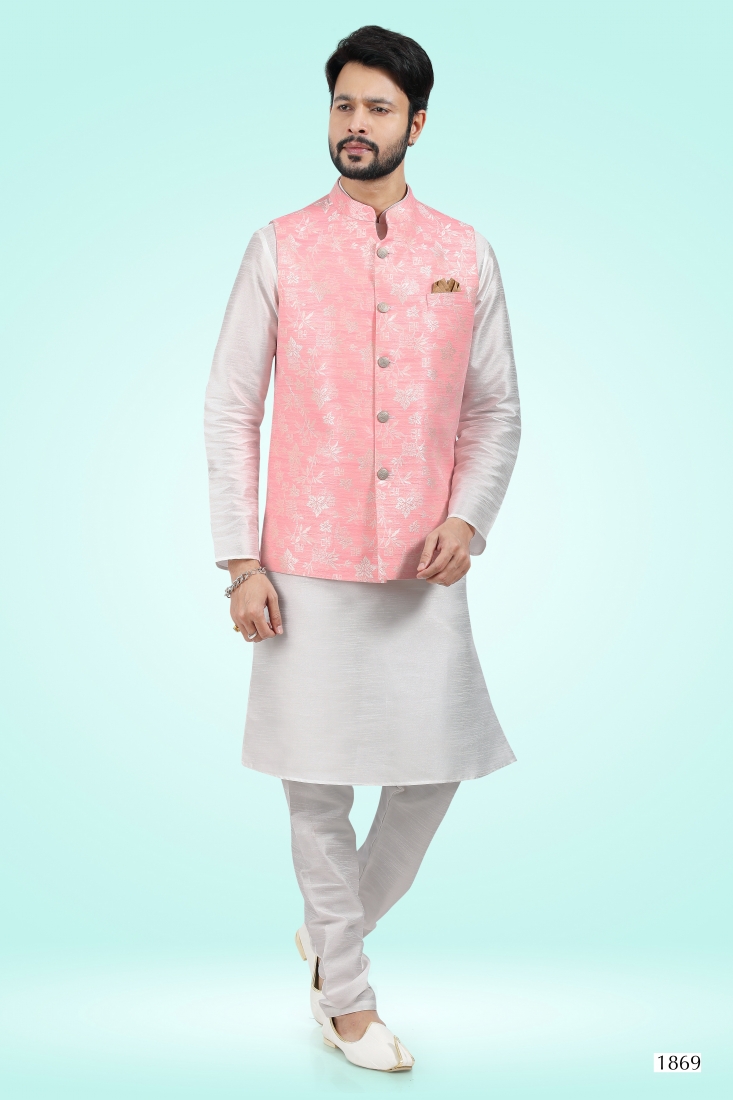Pink Banarasi Silk Kurta Set with Nehru Jacket