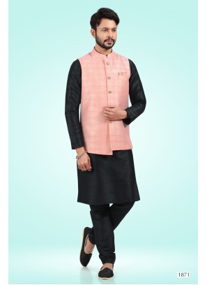 Pink Banarasi Silk Kurta Set with Nehru Jacket