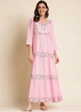 Pink Chinon Floral Embroidered Dress