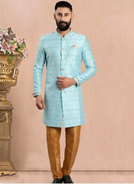 Light Ferozi & Ciku Fusion Elegance: Men's Indo-Western Ensemble