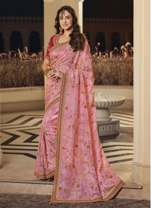 Pink Color Art Silk Embroidered Saree