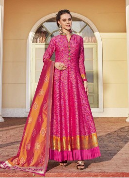 Pink Color Bandhani Print Jacquard Anarkali Dress