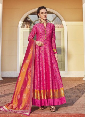 Pink Color Bandhani Print Jacquard Anarkali Dress