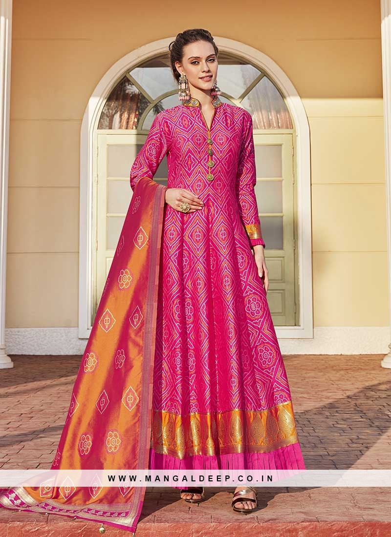 Pink Color Bandhani Print Jacquard Anarkali Dress