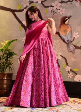 Pink Color Bandhej Print Readymade Gown