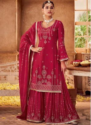 Pink Color Chiffon Zari Work Sharara Material